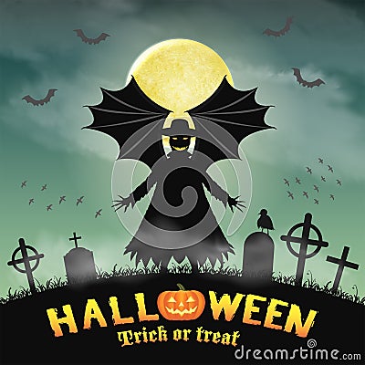 Halloween silhouette scary vampire in night graveyard Vector Illustration