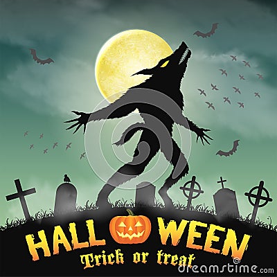 Halloween silhouette werewolf in a night graveyard Vector Illustration