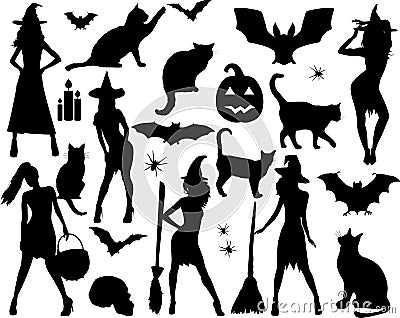 Halloween Silhouettes. Witch, pumpkin, black cat.Halloween party. Spider sticker. Trick or treat. Stock Photo