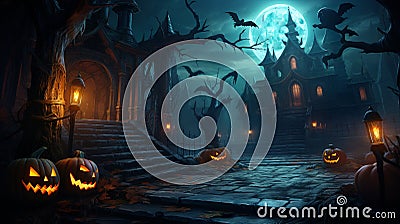 Halloween skeleton holding lantern on wooden banner in spooky night Stock Photo