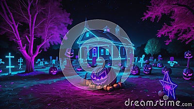 Halloween skeleton pumpkin burial ground night sky scare crow background wallpaper Stock Photo