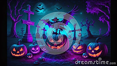 Halloween skeleton pumpkin burial ground night sky scare crow background wallpaper Stock Photo