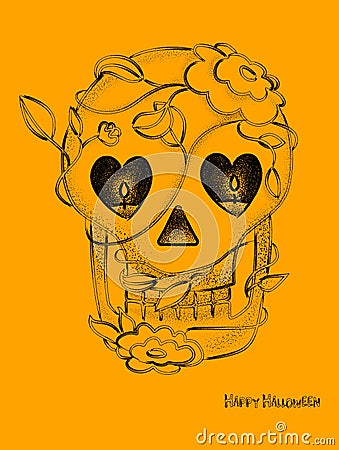 Halloween skull design, Vector bitmap or dots graphics style.Contain flowers on the head and eyes like candles.Greeting Vector Illustration