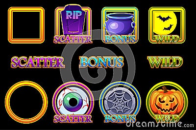 Halloween slots icons in frame. Wild, Bonus and Scatter icons for slots machine in Halloween style Vector Illustration