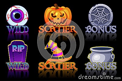 Halloween slots icons. Wild, Bonus and Scatter icons for slots machine in Halloween style Vector Illustration