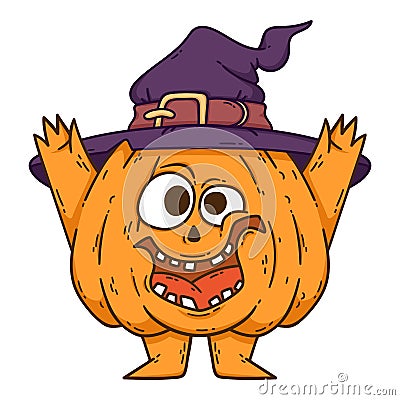 Halloween smiling pumpkin with hands, legs and witch hat Vector Illustration