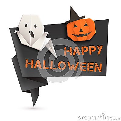 Halloween speech bubble with origami ghost and pumpkin. Vector illustration, eps10. Vector Illustration