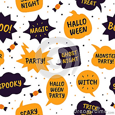 Halloween speech bubbles. Comic bubbles black and orange color with text happy halloween, magic and party, witch Vector Illustration