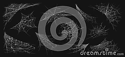 Halloween spider web. Realistic cobweb, scary dark corner isolated net, spooky decorative element. Vector creepy hanging Vector Illustration