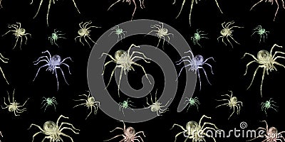 Halloween spiders on black background. spider watercolor pattern. Seamless watercolor pattern for fabric, textile, wrapping paper Stock Photo