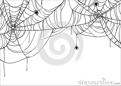 Halloween spiderweb vector background with spiders, copy space. Cobweb backdrop isolated on white Vector Illustration