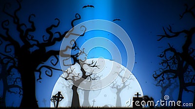 Halloween spooky background blue theme, with the spooky tree , moon , bats , zombie hand and graveyard Stock Photo