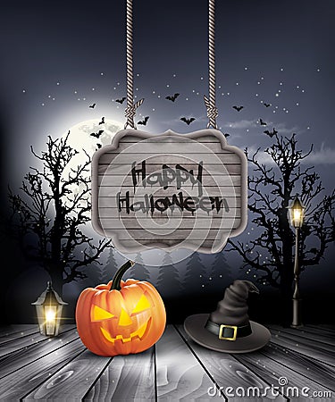 Halloween spooky background with wooden sign. Vector Illustration