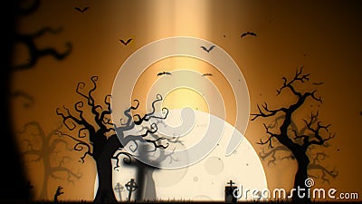 Halloween spooky background yellow theme, with the spooky tree , moon , bats , zombie hand and graveyard Stock Photo