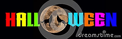 Halloween - A spooky Halloween banner with a full moon and wolves howling, set against a Black background Stock Photo