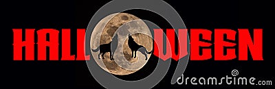 Halloween - A spooky Halloween banner with a full moon and wolves howling, set against a Black background Stock Photo