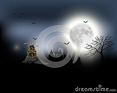 Halloween spooky black vector scenery background. Night image of full moon and bats and castle in the distance. Black and white Vector Illustration