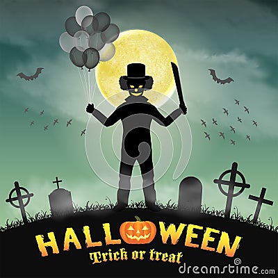 Halloween spooky clown in a night graveyard Vector Illustration