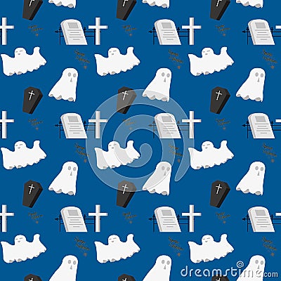 Halloween spooky cute white ghost ,black coffin and grave cartoon on dark blue background seamless pattern Stock Photo
