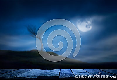 A halloween spooky lone bare branch tree in an isolated moors landscape at night with a full moon and clouds in a blue winter nigh Stock Photo
