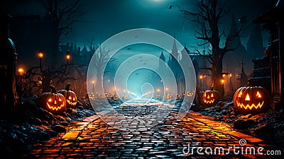 Halloween spooky night with an old road leading to haunted house. Generative AI Stock Photo