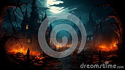 Halloween spooky night with an old road leading to haunted house. Generative AI Stock Photo