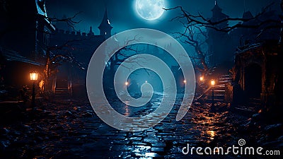 Halloween spooky night with an old road leading to haunted house. Generative AI Stock Photo