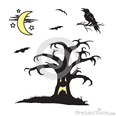 Halloween spooky tree with face scene Vector Illustration