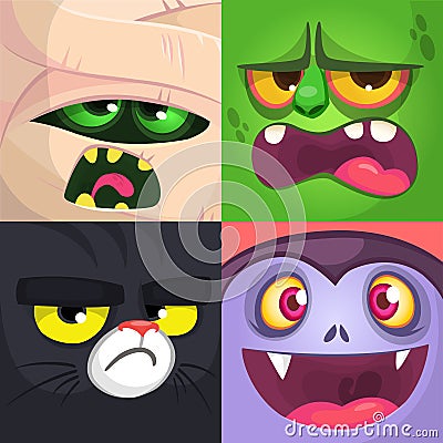 Halloween square avatars. Mummy, zombie, black cat, vampire. Vector cartoon illustrations. Vector Illustration