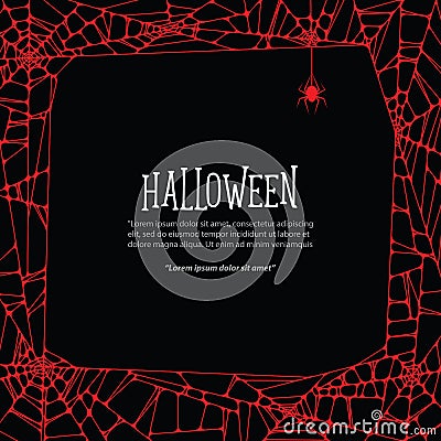 Halloween square frame red cobweb and spider on black background Vector Illustration