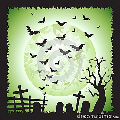 Halloween Square Green Bats Scene Background 1 Vector Illustration
