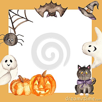 Halloween square watercolor frame with ghosts, pumpkin, cat, bats, spider Stock Photo