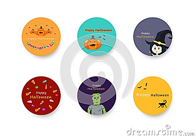 Halloween, sticker banner circles collection set for kids, celebration holiday season, party festival cartoon abstract background Vector Illustration