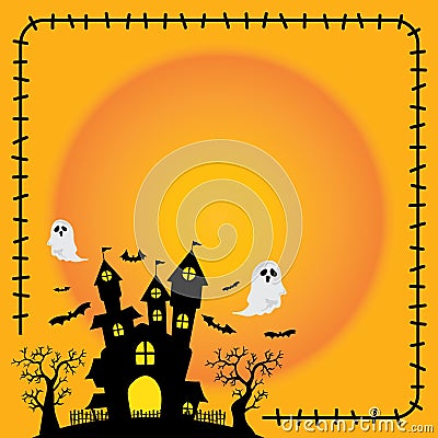 Halloween sticker element silhouette castle orange background. Stock Photo