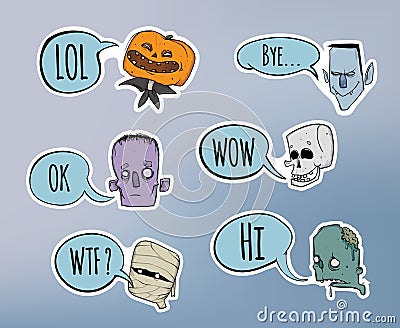 Halloween sticker pack. Zombie, skeleton, mummy and other scary characters with speech bubble. Vector illustration set. Vector Illustration