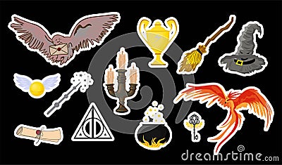 Halloween stickers. Magic items for Halloween. Magic and witchcraft. Hogwarts school of magic. Harry Potter Vector Illustration