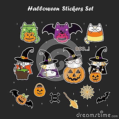 Halloween Stickers set Cat Costume Party Vector Illustration