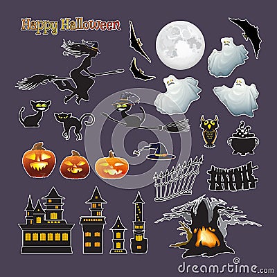 Halloween stickers. Vector set. Pumpkin, witch, moon, cat, ghost Vector Illustration