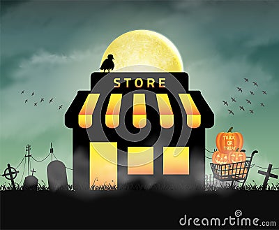 Halloween store shop open in night graveyard Vector Illustration