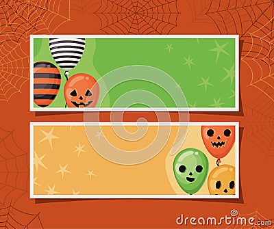 Halloween striped and pumpkin balloons in frames with spiderwebs vector design Vector Illustration