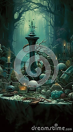 Halloween style setting, dark, dreary, interior design. Created using ai generative. Stock Photo