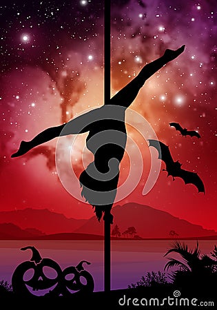 Halloween style silhouette of female pole dancer. performing pole moves in front of river and stars. Pole dancer in front of space Stock Photo