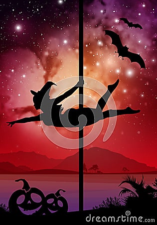 Halloween style silhouette of female pole dancer. performing pole moves in front of river and stars. Pole dancer in front of space Stock Photo