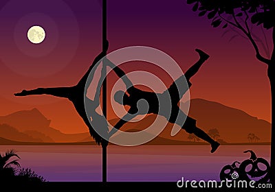 Halloween style silhouettes of male and female pole dancer performing duo tricks in front of river and full moon at night. Stock Photo