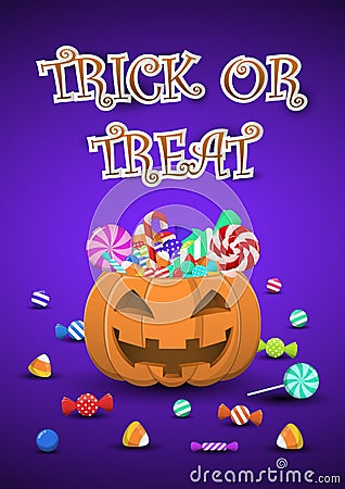 Halloween sweets and candies in pumpkin bucket Vector Illustration