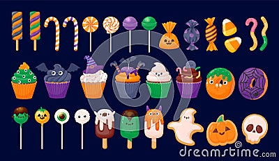 Halloween sweets. October holiday, kids autumn party. Trick or treat sweet candy, chocolate, pumpkin cookie, colorful Vector Illustration