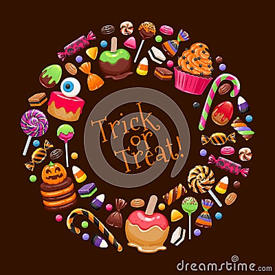 Halloween sweets round frame. Candies and snacks. Vector Illustration