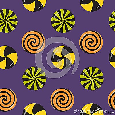 Halloween swirl sweet candies, round lollipops, bonbons seamless pattern. Vector Illustration