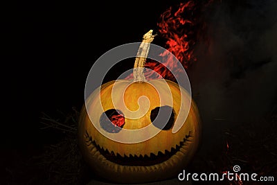 Halloween symbol of pumpkin`s head and red fire Stock Photo