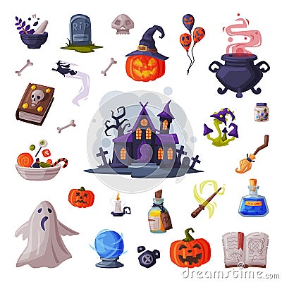 Halloween Symbols Collection, Holiday Party Design Elements, Scary Gothic House, Pumpkin, Witch Cauldron, Ghost, Magic Vector Illustration